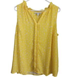 EUC Hawthorn Top Size 1X Sleeveless Yellow with White Flowers Ruffle Collar